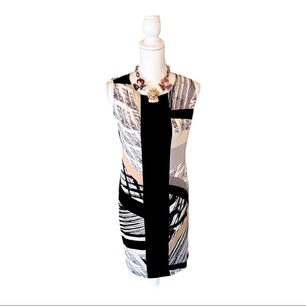 Tiana B. Gray/Black Abstract Geometric Print Sleeveless Sheath Dress; SZ S; NWOT